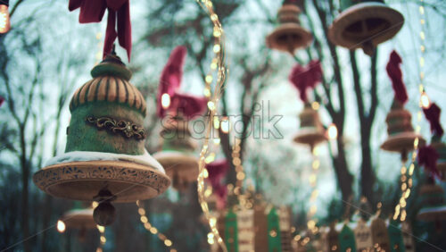 Outdoor cafe decorated with hanging ornaments, lights, and bows during winter