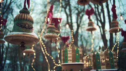 Outdoor cafe decorated with hanging ornaments, lights, and bows during winter