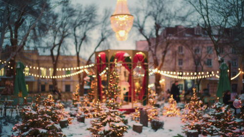 Wide view of a festive Christmas decoration with lights, at an outdoor cafe near small trees, and ornaments