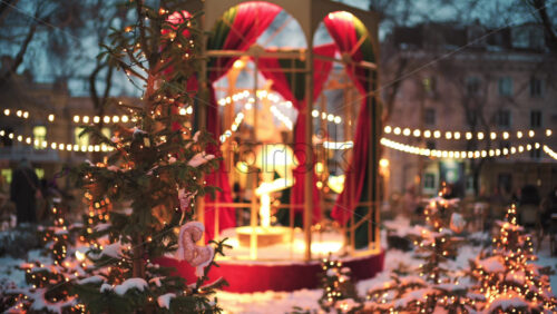Wide view of a festive Christmas decoration with lights, at an outdoor cafe near small trees, and ornaments