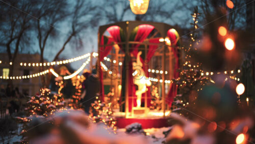 Wide view of a festive Christmas decoration with lights, at an outdoor cafe near small trees, and ornaments