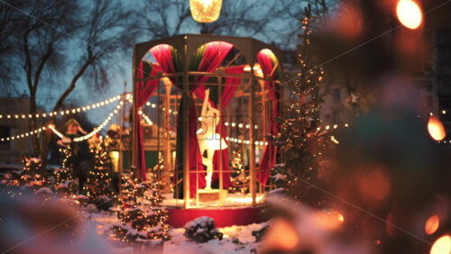 Wide view of a festive Christmas decoration with lights, at an outdoor cafe near small trees, and ornaments
