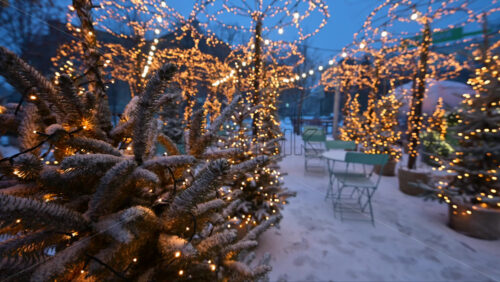 Charming outdoor cafe decorated with Christmas lights, plants, and winter decorations