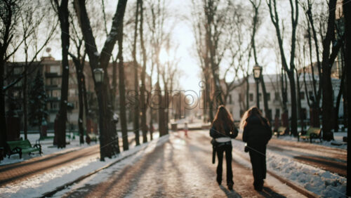 Soft focus shot of pedestrians walking through a winter park with snow covered ground and bare trees