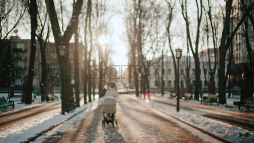 View of a woman wearing a winter coat walking through a park at sunset, pushing a baby stroller