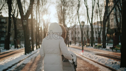 Rear view of a woman wearing a white winter coat pushing a baby stroller along a snowy park path
