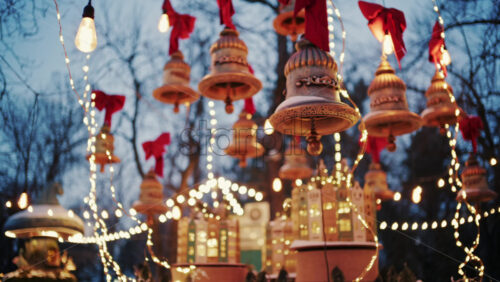 Decorative Christmas bells hanging above a festive market display with warm fairy lights and red bows