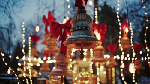 Decorative Christmas bells hanging above a festive market display with warm fairy lights and red bows