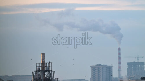 City rooftops on a cold winter day with multiple chimneys releasing white smoke into a pale sky