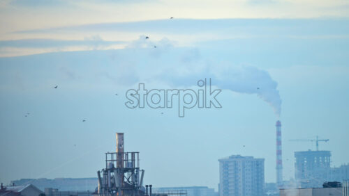 City rooftops on a cold winter day with multiple chimneys releasing white smoke into a pale sky