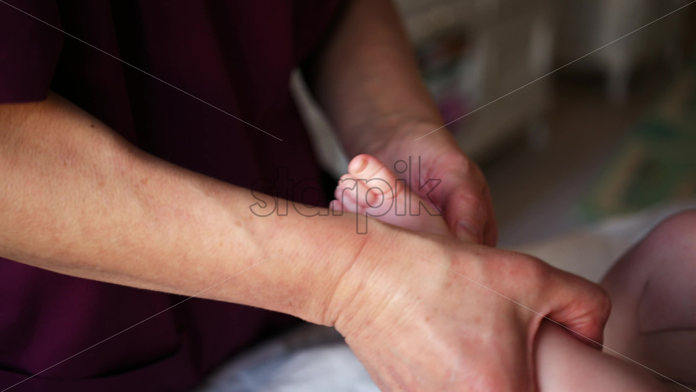 Close up of adult hands gently massaging a baby's foot and sole