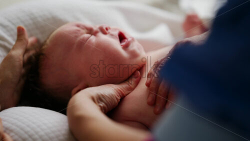 Baby lying on their back while an adult massages them and performs mobility exercises
