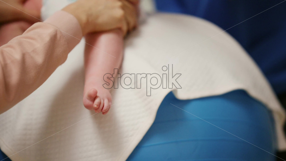 Baby placed on a stability ball while adults support the infant's body