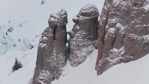 Panoramic aerial drone view of winter landscape in the mountains. Transylvania, Mount Ciucas in Romania