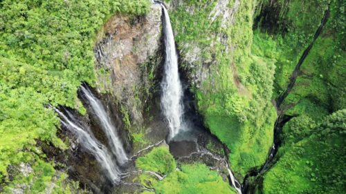 Video – Aerial drone view of multiple narrow waterfalls flowing down steep green cliffs, surrounded by dense vegetation in a tropical mountain landscape - Starpik Stock