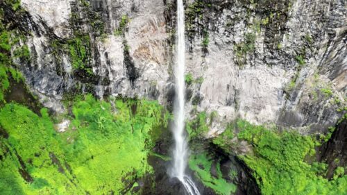 Video – Aerial drone view of multiple waterfalls cascading down a lush green cliff into a rocky basin, surrounded by dense tropical rainforest vegetation in Madagascar - Starpik Stock