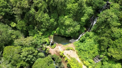Video - Aerial drone view of Sekumpul Waterfall in Buleleng, North Bali, Indonesia. Multiple tall waterfalls plunge into a rocky jungle basin surrounded by dense tropical rainforest