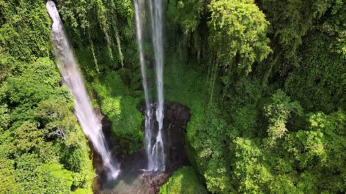 Video - Aerial drone view of Banyumala Waterfall pool in Buleleng, Bali. Multiple waterfalls flow into a tranquil natural basin surrounded by vibrant green foliage and tropical forest