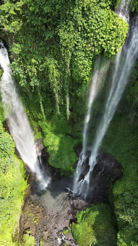 Video - Aerial drone view of Sekumpul Waterfall in Buleleng, North Bali, Indonesia. Twin streams cascade down a towering jungle cliff into a natural rock pool surrounded by dense tropical rainforest. Vertical