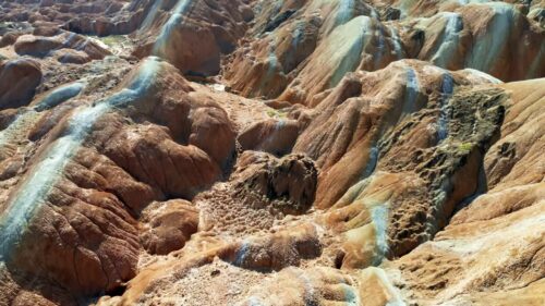 Video - Aerial drone view of eroded sandstone ridges in Zhangye Danxia National Geopark, Gansu, China