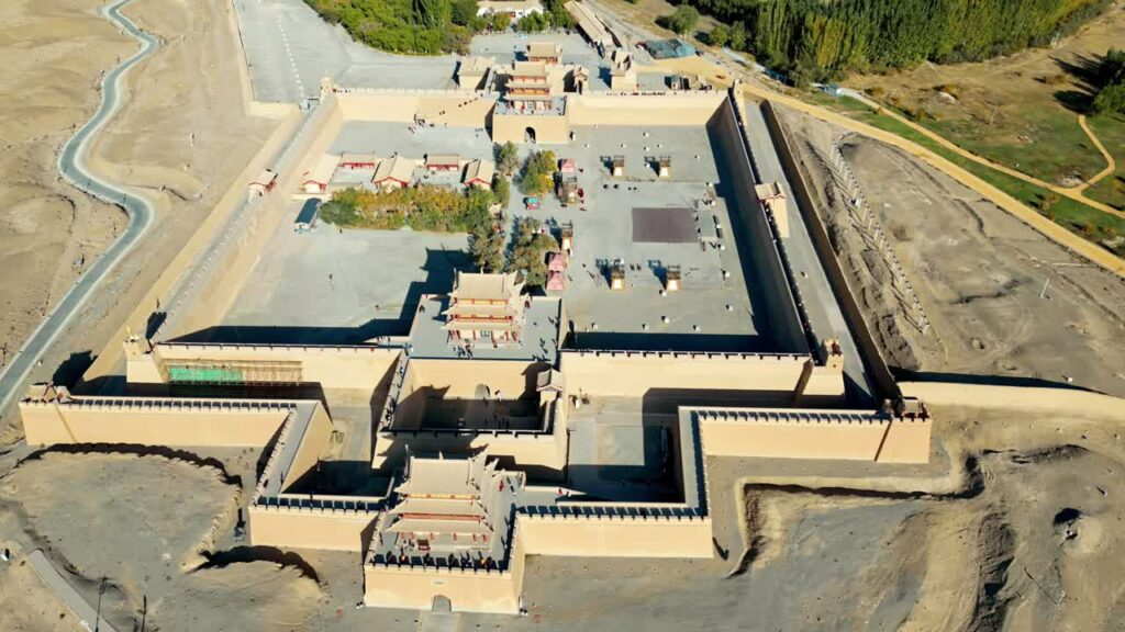 Video - Aerial drone view of Jiayuguan Fort, the westernmost fortress of the Great Wall of China, located in Jiayuguan City, Gansu Province