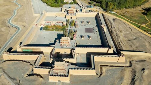 Video - Aerial drone view of Jiayuguan Fort, the westernmost fortress of the Great Wall of China, located in Jiayuguan City, Gansu Province