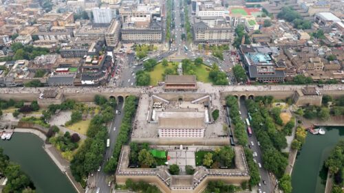 Video - Aerial drone view of Xi'an City Wall and Yongning Gate, Xi'an, Shaanxi Province, China