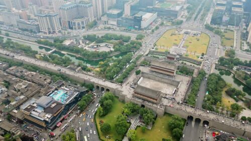 Video - Aerial drone view of Xi'an City Wall and Yongning Gate, Xi'an, Shaanxi Province, China