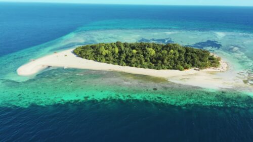 Video - Aerial drone view of a small tropical island surrounded by turquoise ocean and coral reefs in the Philippines. White sand beaches and dense green vegetation create a pristine island paradise