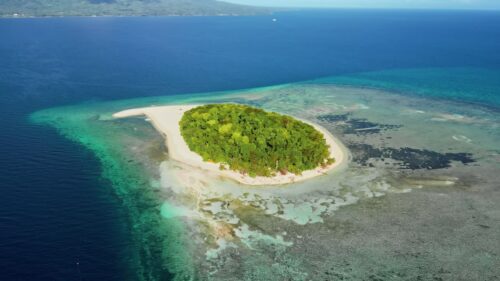 Video - Aerial drone view of a small tropical island surrounded by turquoise ocean and coral reefs in the Philippines. White sand beaches and dense green vegetation create a pristine island paradise