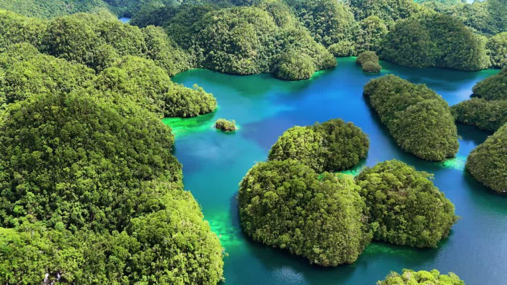 Video - Aerial drone view of the limestone islets and emerald lagoons of Coron Island, Palawan, Philippines. Dense tropical vegetation covers rounded karst formations surrounded by bright turquoise waters and coral reefs