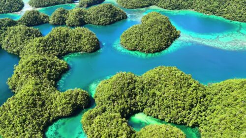 Video - Aerial drone view of the limestone islets and emerald lagoons of Coron Island, Palawan, Philippines. Dense tropical vegetation covers rounded karst formations surrounded by bright turquoise waters and coral reefs
