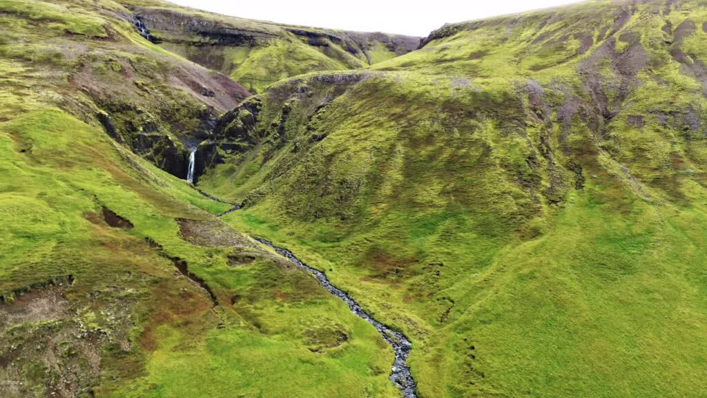 Video - Aerial drone view of a lush green canyon where a narrow stream flows toward a secluded waterfall between steep volcanic slopes covered in moss