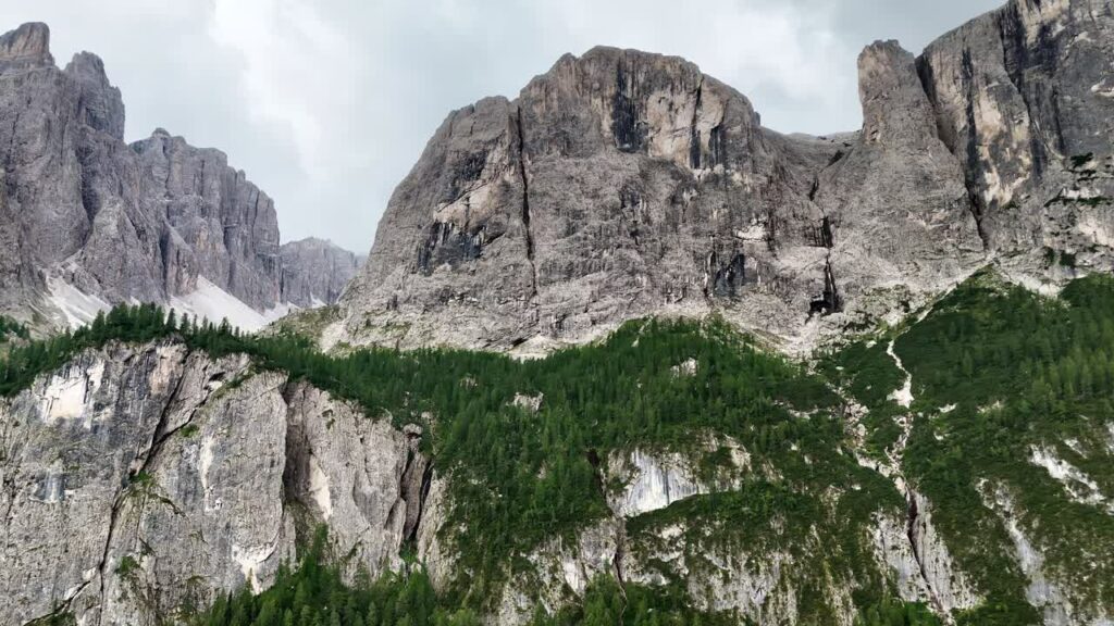 Video - Aerial drone view of a massive vertical limestone cliff rising above dense alpine forest. The imposing rock face dominates the mountainous landscape of the Dolomites