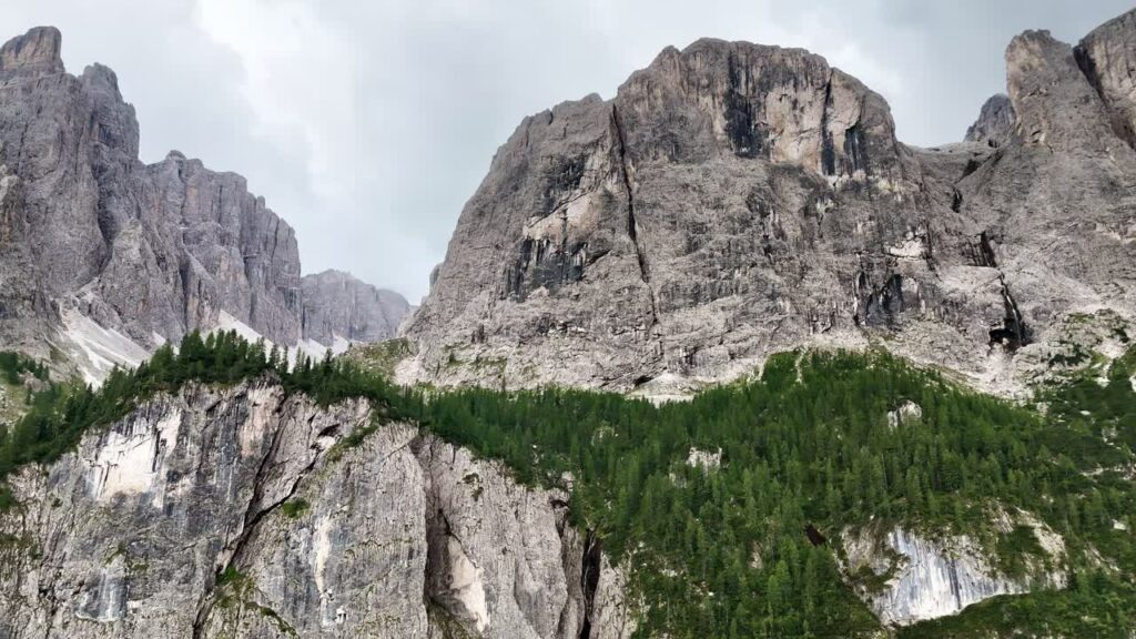 Video - Aerial drone view of a massive vertical limestone cliff rising above dense alpine forest. The imposing rock face dominates the mountainous landscape of the Dolomites