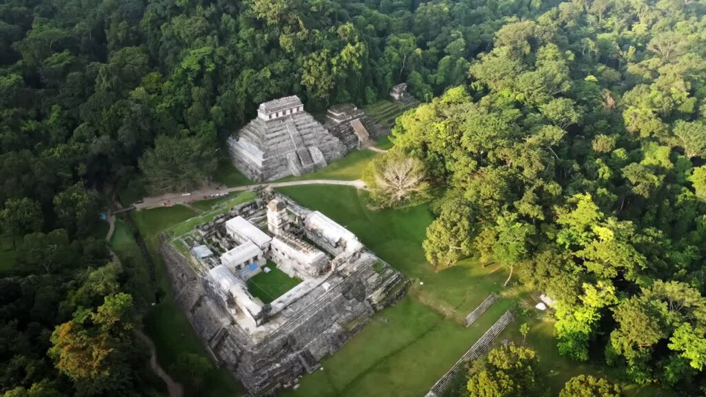 Video - Aerial drone view of Palenque Mayan ruins featuring ancient pyramids and temples surrounded by tropical jungle in southern Mexico