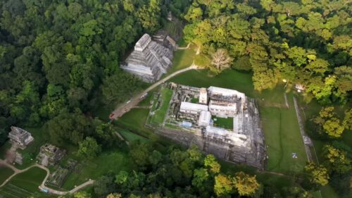 Video - Aerial drone view of Palenque Mayan ruins featuring ancient pyramids and temples surrounded by tropical jungle in southern Mexico