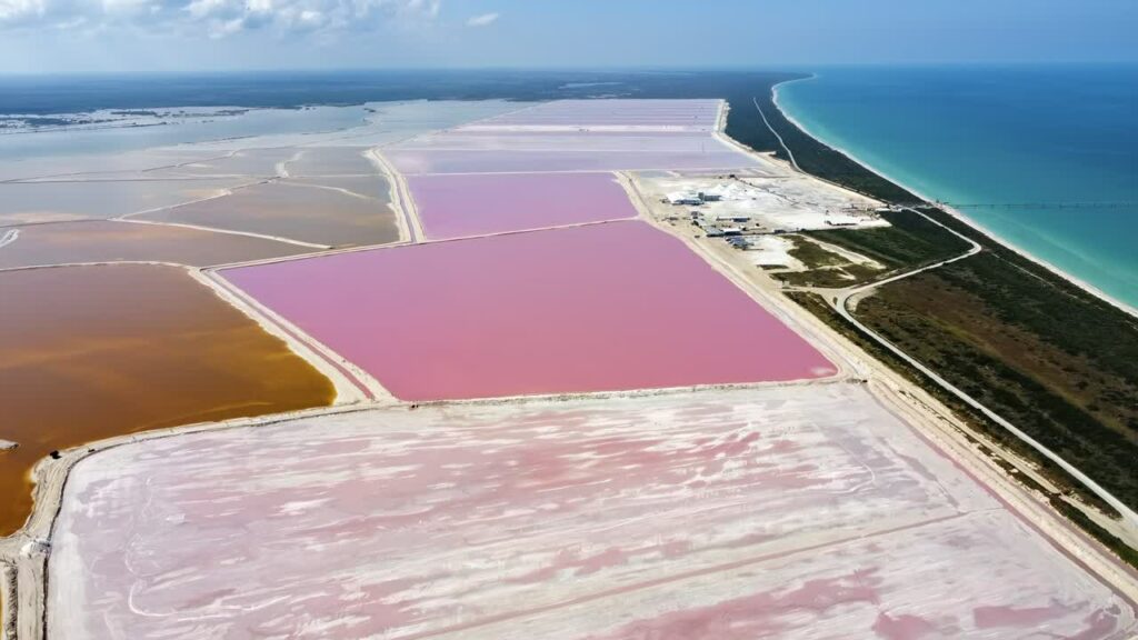 Video - Aerial drone view of Las Coloradas pink salt lakes on the Yucatan Peninsula, Mexico, showing geometric salt evaporation ponds with vivid pink water near the Caribbean coastlin