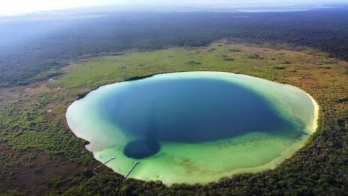 Video - Aerial drone view of Kaan Luum Lagoon circular cenote surrounded by tropical jungle in Tulum, Mexico, showing deep blue center and shallow turquoise water