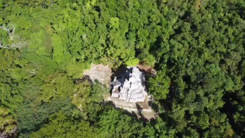 Video - Aerial drone view of ancient Mayan ruins hidden in dense tropical jungle landscape in Mexic