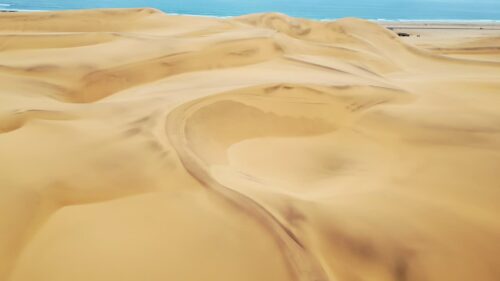 Video - Aerial drone view of golden sand dunes of the Namib Desert with tire tracks crossing the dunes and the Atlantic Ocean visible in the distance