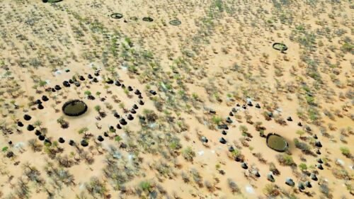 Video - Aerial drone view of a traditional circular Himba village settlement in northern Namibia with huts arranged around a central livestock enclosure