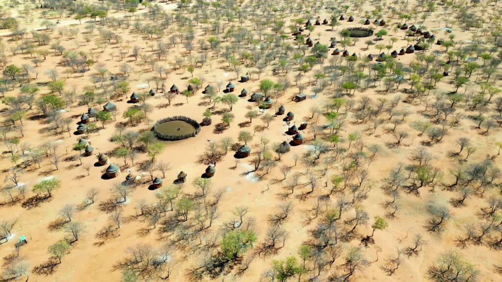 Video - Aerial drone view of a traditional circular Himba village settlement in northern Namibia with huts arranged around a central livestock enclosure