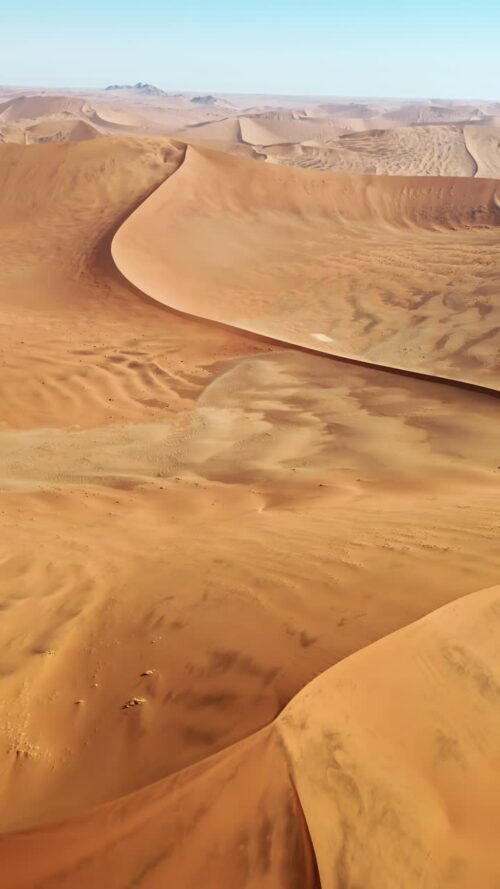 Video - Aerial drone view of sweeping sand dune formations in the Namib Desert showing elegant curves and wind shaped patterns across the landscape. Vertical