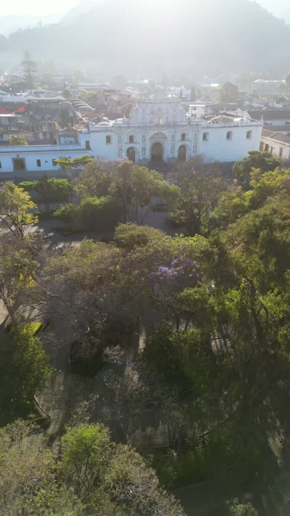 Video - Aerial drone view above trees revealing Antigua Cathedral and the historic colonial city center. Vertical