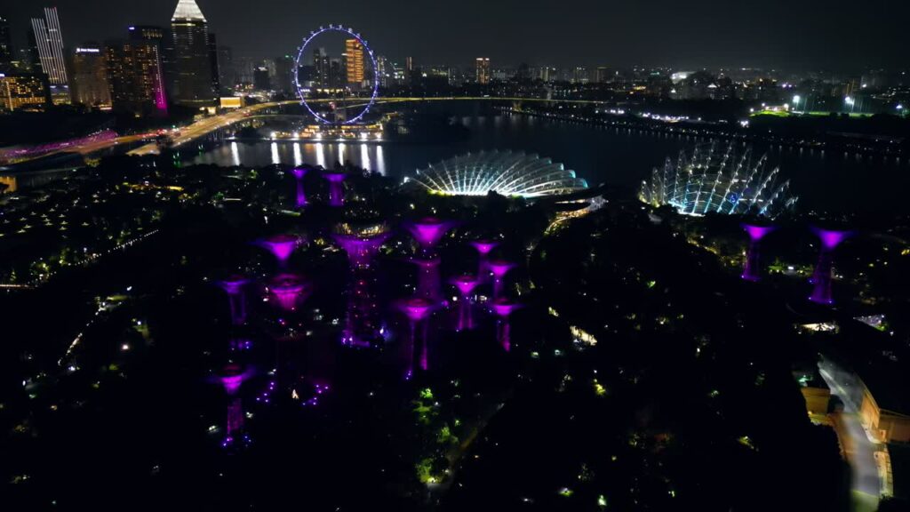 Video - Aerial drone view of the glowing Supertree Grove at Gardens by the Bay with Singapore skyline and Marina Bay in the background