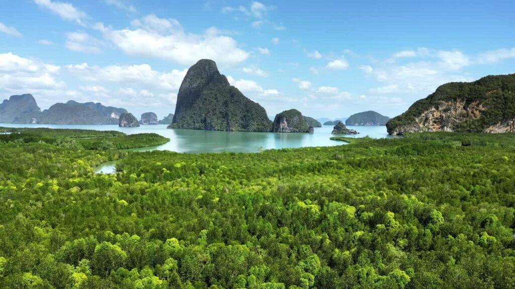 Video - Aerial drone view of limestone karst islands rising from the sea in Phang Nga Bay, Thailand