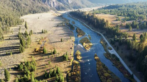 Video - Aerial drone view of a winding river flowing through forested valley in Yellowstone region