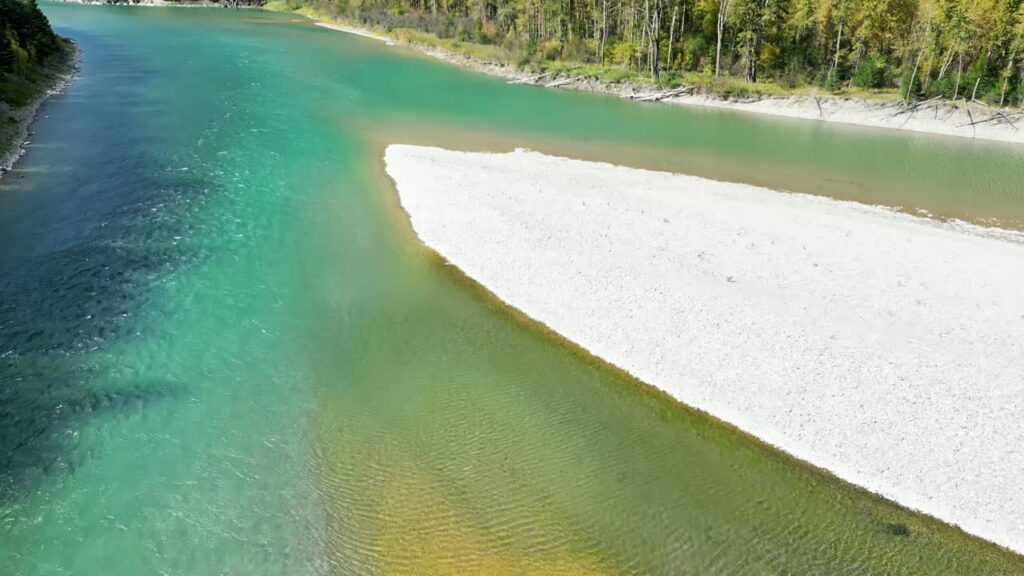 Video - Aerial drone view of turquoise river flowing around white sandbar with forested shoreline