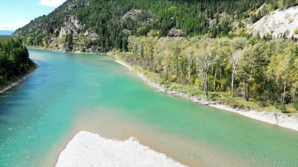 Video - Aerial drone view of turquoise river flowing around white sandbar with forested shoreline